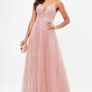 Pink Mesh Sparkle Deep V Gown